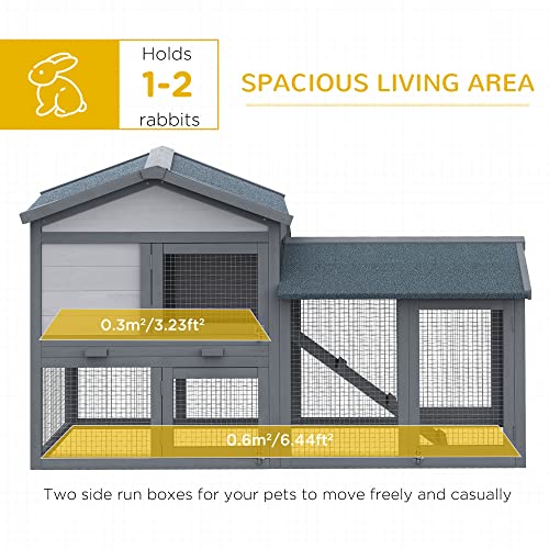 PawHut 58" Rabbit Hutch, Wooden Bunny Hutch, Guinea Pig Cage, Small Animal Enclosure with Run Area, Removable Tray, Asphalt Roof, Lockable Doors and Ramp, Dark Gray | Wooden Bunny Hutch, Guinea Pig Cage, Removable Tray, Asphalt Roof, Lockable Doors, for 1