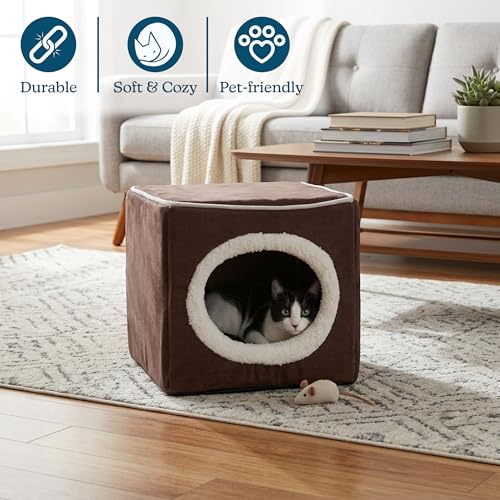 Cat House - Indoor Bed with Removable Foam Cushion - Cat Cave for Puppies, Rabbits, Guinea Pigs, and Other Small Animals by PETMAKER (Dark Brown) 13x13.5x12" - color: Dark Brown