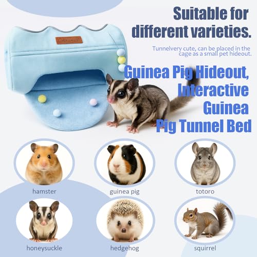 Guinea Pig Hideout Tunnel Bed, Soft Fleece Small Animal House and Hide-Away for Hamsters, Sugar Gliders, and Ferrets, Machine Washable Cozy Cage Accessories for Napping and Playing, Blue