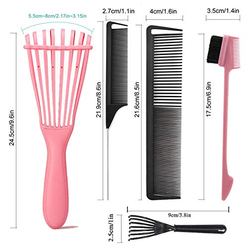 EZ Detangler Brush with Edge Brush, Rat Tail Combs Set for Natural, Curly, Wet/Dry, Black Hair, Flex Detangling Brush set for Hair Style and Cuting, No Pain and Easy Clean in Daily Use（Pink + Black) - color: 5 Pieces (Pink + Black)
