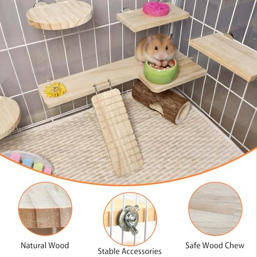 Hamster Cage Platform L-Shaped Wooden Hamster Cage Accessories Rat Climbing Toys Ledge with Ladder for Sugar Glider Mice Mouse Chinchilla Squirrel (L) - size: L