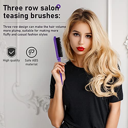 Remerry Nylon Hair Brush Set for Women & Girls, 12 Pieces Including 3 Row Salon Teasing Brushes, Double Sided Hair Edge Brush, Rat Tail Combs, Duckbill Clips - Purple - color: Purple