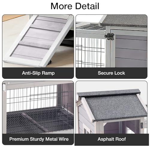 Rabbit Hutch Indoor Outdoor, Large Bunny Cage with Double House and Run, 10.4 ft² Guinea Pig House, Upgrade Deeper No-Leak Trays, On Wheels for Easy Moving - color: （Grey-AIR68)