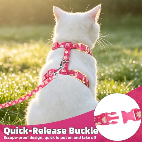 PUPTECK Adjustable Cat Harness and Leash Set Escape Proof Kitten Strap Collar for Walking Travel, Daisy Pattern - color: Fuchsia(Daisy), size: Small