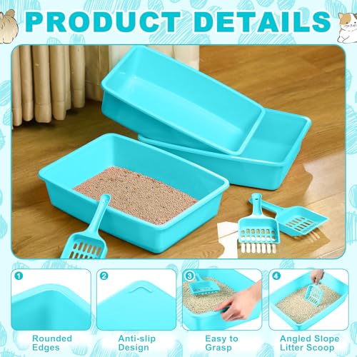 Amyhill 5 Pcs Open Cat Litter Box Kitten Litter Pan with 5 Scooper Medium Plastic Pet Tray Durable Nonstick Kitten Box for Indoor Pets Cats Rabbit Supply Easy to Clean, 14.6x10.6x3.4 Inch (Blue) - color: Blue