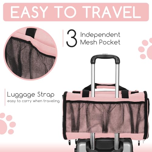Pet Carrier for Cats & Small Dogs, Travel Carrier with Anti-Collapse Support, Chew Resistant Buckles, Luggage Sleeve, Multi-Pocket Storage, Reversible Mat & Bowl (Pink, Medium (17.5"x11"x11.5")) - color: Pink