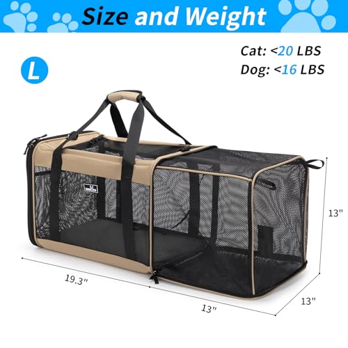 Wakytu Expandable Pet Carrier for Dogs & Cats, Large Travel Bag with 5 Mesh Windows, 2 Entrances, Locking Zippers & Padded Straps,L