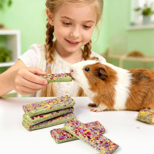 Abizoo 10pcs Timothy Hay & Alfalfa Chew Toys - Natural Crunchy Treats with Wheat Calendula Rose High Fiber for Teeth Care & Digestive Health for Bunnies, Guinea Pigs, Hamsters, Chinchillas, Gerbils