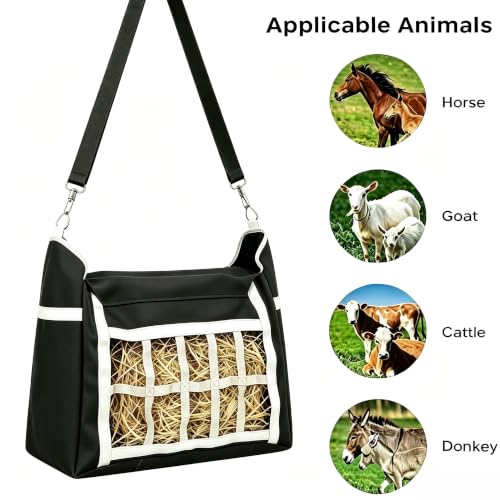 Slow Feed Hay Bag for Horses Sheep Goat Cattle Donkey, 300D Waterproof PVC Oxford Slow Feeder with Adjustable Straps, Small Hole Hay Sack Cut Waste for Barn Stall Fence Horse Trailer, Black 1 Pack