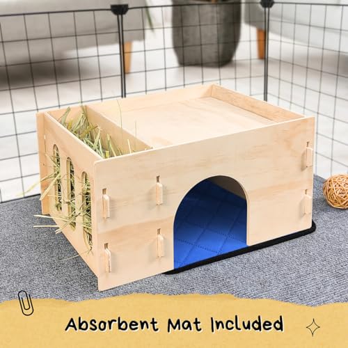 Guinea Pig Hideout with Hay Feeder & Absorbent Mat, Wooden | Chinchilla House with Multiple Window, Small Animal Hut Castle for Dwarf Rabbit
