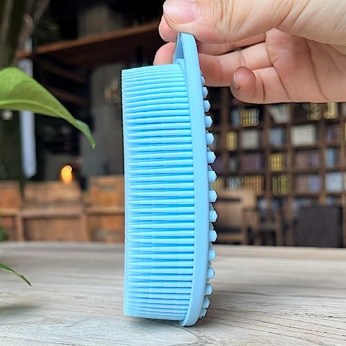 Premium Sensory Brush for Kids or Autism,Soft Silicone Body Scrubber,2 in 1 Sensory Room Occupational Therapy Brushes,Silicone Loofah,Pet Shower Brush Bath Brush Shampoo Brush(hangable-Oval-Blue) - color: Hangable-oval-blue