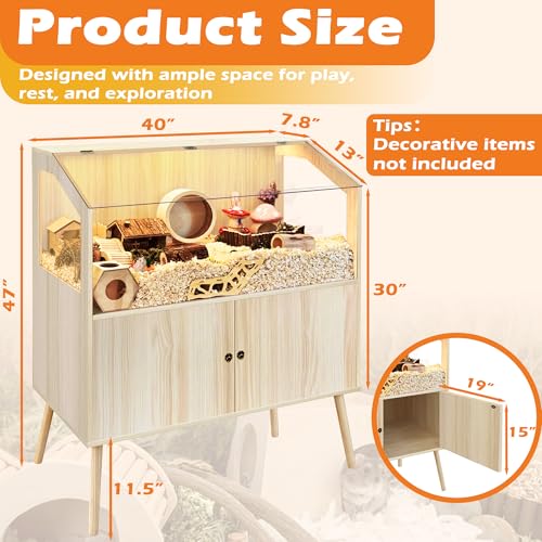 PROLEE Hamster Cage with Storage Cabinet,Large Hamster Encloure Chew Proof Wood,Clear View Hamster Habitat for Guinea Pig, Ferret, Rat, Hedgehog, 40" L x 20" W x 47" H (Oak) - color: Oak