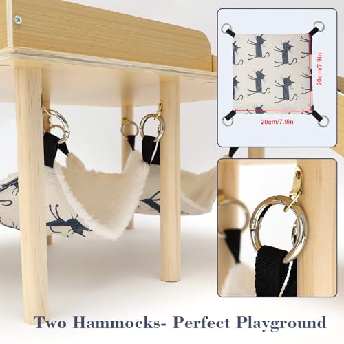 Guinea Pig Hideout with 2 Hammocks for Chinchilla Bunny Playing | Wooden Small Pet Castle with Platform, 2 Ramps, Soft Mat for Bed, Safe and Durable, Easy Assembly