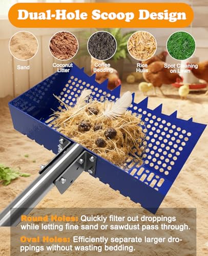 Chicken Poop Scooper & Rake with 3-Angle Adjustable Sifting Shovel | 12" Stainless Steel Chicken Coop Scoop for Sand, 22-64" No-Bend Poultry Litter Cleaner for Chicken Coop & Animals House