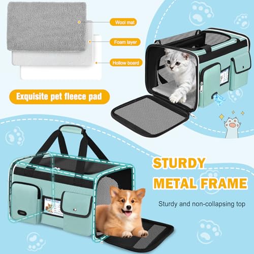 HUANLANG Large Cat Carrier Travel Soft Sided Pet Carrier Airline Approved | Dog Carriers for Small Dogs Medium Cats,Collapsible,3 Storage,zipper lock,Reflective strips,Luggage Strap, Up to 15 Lbs - color: Green