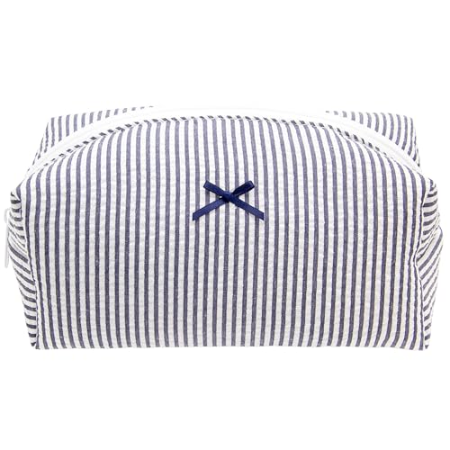 PAZIMIIK Cozy Makeup Bag for Women,Zipper Cosmetic Pouch,Stripe Navy Blue | Soft Cosmetic Organizer for Makeup,Skincare,Toiletries,Daily Beauty Essentials,Purse,On-the-Go,Bridesmaid Gifts - color: Stripe Navy Blue