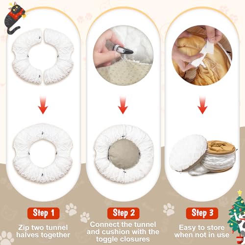 OurWarm Large Cat Tunnel Bed for Indoor Cats with Soft Cushion & Cat Toys, Round Under Tree Cats Donut Tunnel Christmas Tree Skirt, White Plush Pet Peekaboo Cave for Kitten/Puppy/Rabbit to Play - color: Grid