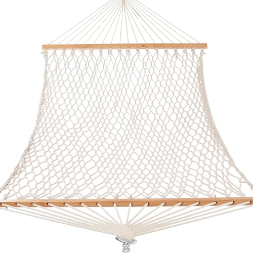 GAFETE Rope Hammock 2 Person Traditional Hand Woven Outdoor Cotton Hammocks with Hardwood Spreader Bar, Max 450 lbs Capacity (Natural Beige, Large) - color: Natural Beige, size: Large