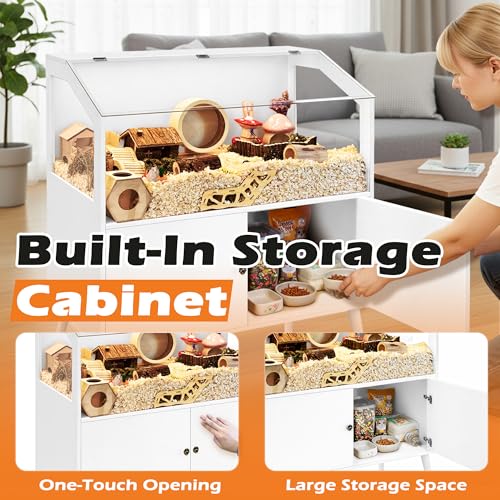 PROLEE Hamster Cage with Storage Cabinet,Large Hamster Encloure Chew Proof Wood,Clear View Hamster Habitat for Guinea Pig, Ferret, Rat, Hedgehog, 40" L x 20" W x 47" H (White) - color: White