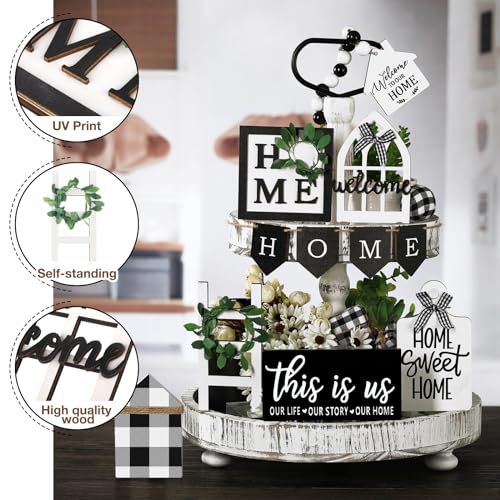 FairySandy Set of 11 Home Tiered Tray Decor This is us Rustic Farmhouse Tiered Tray Decorations Set Home Wooden Signs Vintage Farm Animal Farmhouse Tabletop Wood Signs for Kitchen Table Shelf Decor - style: Plaid