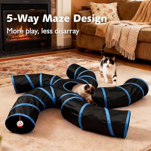 Joytale Cat Tunnel for Multiple Cats, 5-Way Indoor Tube Toy to Chase & Hide | Bell ball & Toy Mouse Included; Peekaboo Hole; Pops Open & Folds Into Zip Bag; Fits Cats to ~12 lb; Kittens & Rabbits Too - color: Blue & Black