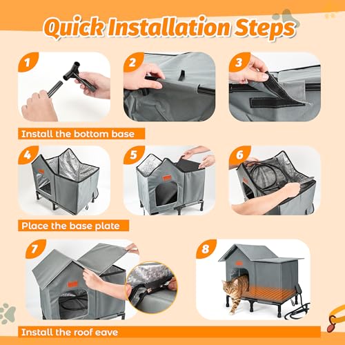 PatiencET Heated Cat House for Outside, Foldable Weatherproof Insulated Outdoor Cat House, Adjustable Temperature, Elevated Base with Ground Stakes, for Indoor/Outdoor Cats - size: Winter Large