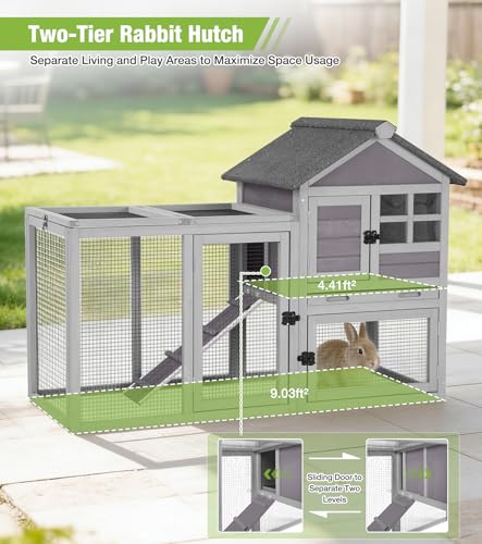 GUTINNEEN 51.6 in Rabbit Hutch, 2-Level Wooden Bunny Cage with Ramp, 3 Lockable Doors & Removable Tray, Weather-Resistant Indoor Outdoor Rabbit Cage, Grey - color: Grey