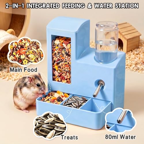 Automatic Hamster Feeder, 2-in-1 Water Bottle Dispenser No Drip | 5.51x4.33x6.49 Inch compact design with hamster water bottle, hamster food bowl and hamster accessories for small pets. - color: Blue