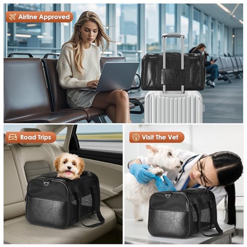 Fashion Leather Dog Carrier, Airline Approved Cat Carrier Soft Sided Pet Bag Carrier Purse for Puppy Kitten Small Animals Black - color: Black