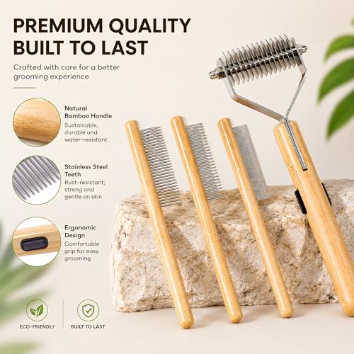 Cat Undercoat Rake & Dematting Comb, Cat Brush for Shedding | Long Haired Indoor Cats & Dogs, Detangling Brush for Matted Fur, Gently Removes Tangles, Knots & Loose Undercoat - color: Medium