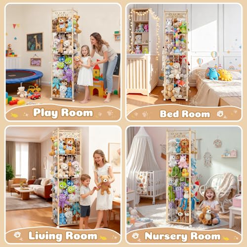 OurWarm Stuffed Animal Storage & Organizer, 68.5 Inch Large Wooden Zoo Stuffed Animal Holder with Wheels, Kids Toy Storage Organizer for Nursery Storage, Toddler Rooms, Playrooms, Bedroom Organization