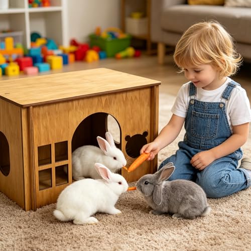 Large Sturdy Wooden Rabbit Castle Hideout with Spacious Balcony, Detachable Bunny Playhouse Hideaway Cage Accessories, Indoor Habitat Toys for Guinea Pig Chinchilla Hamster Gerbil Small Animals - color: Brown Style 2, size: Medium