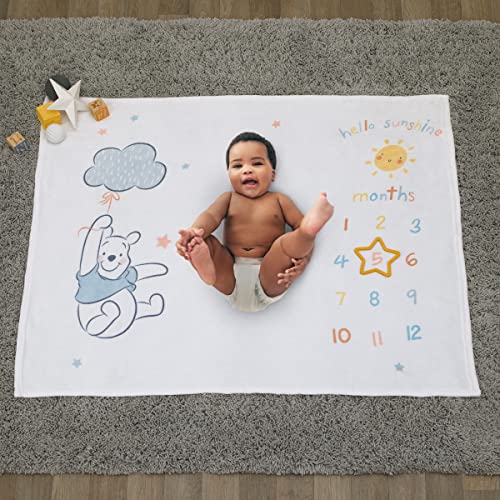 Disney Winnie The Pooh White, Yellow, and Aqua Super Soft Milestone Baby Blanket - color: Disney Winnie the Pooh
