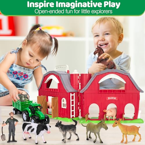 Ellinjan Farm Animals Toys for Toddlers Girls Boys, Big Red Barn Farm with Figures Animals and Tractor Toy for Kids 2 3 4 5, Farm Playset Educational Learning Toys, Ideal Christmas Birthday Gifts