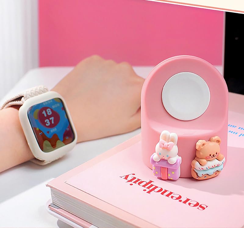 Cute Cartoon Cherry Girls Charger Stand Fit For Apple Watch Series 10/9/8/SE2/SE/Ultra2/Ultra/7/6/5/4/3/2/1(49mm 45mm 44mm 42mm 41mm 40mm 38mm), Silicone iWatch Charging Dock Supports Nightstand Mode - color: Watch Pink Girl Cherry