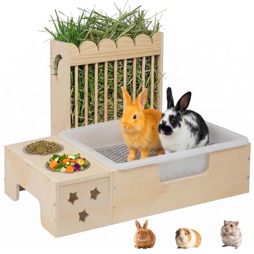 Upgraded 3‑in‑1 Wooden Rabbit Hay Feeder and Litter Box Combo | Extra Large, Mess‑Proof Hay Rack, Easy Clean, Stainless Steel Bowls, Small Pet Feeding Station - size: 26.1"W