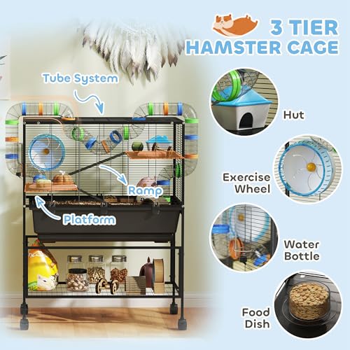 PawHut Large Hamster Cage with Deep Tray, 3 Tier for Syrian Gerbil Mouse | Rolling Rat Cage, Storage Shelf, Big Exercise Wheel, Tube System, Hut, Platforms, Ramps, Food Dish, Water Bottle - size: 32.3"L x 17.7"W x 41.9"H