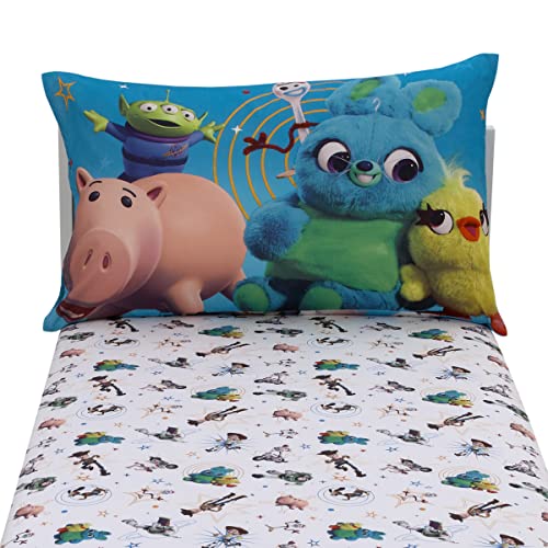 NoJo Disney Toy Story It's Play Time Blue, Green, and White, Woody and Buzz 2 Piece Toddler Sheet Set - Fitted Bottom Sheet and Reversible Pillowcase - color: Toy Story It's Play Time