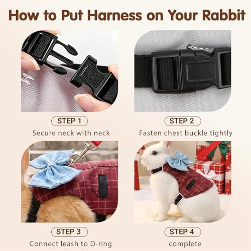 Rabbit Harness and Leash Set Escape Proof Plaid Bunny Vest with Bow Tie Breathable Mesh Harness Dual D Rings Adjustable Leash for Rabbit Guinea Pig Ferret Walking Training (Red, M) - color: Red, size: M