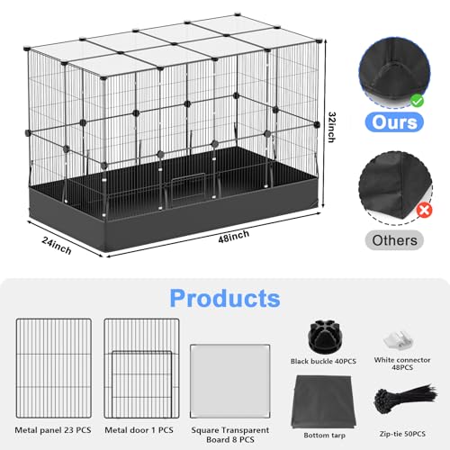 Tresbro Guinea Pig Cage with Waterproof PVC Bottom Liner & One-Hand Release Hook, Triple Fixing C&C Cage for Guinea Pigs, Bunny, Rabbit, Hedgehog, Small Animal Indoor Playpen 48''L x 24''W x 31.5''H - size: 24 Panels-with roof