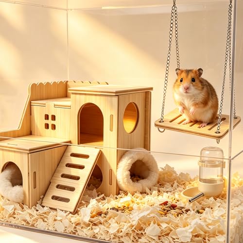 Hamster Wooden Maze House with Slide, Double-Decker Hut and Small Swing, Hideout Play Toys for Dwarf Hamsters, Gerbils, Mice and Other Small Animals (Only for Small Hamsters)