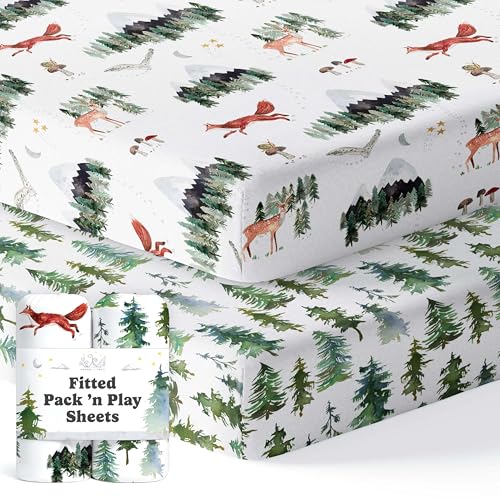 Pack and Play Sheets Fitted, Mini Crib Sheets for Graco Pack N Play Playard (38x26), Ultra Soft Organic Cotton Blend, Safe & Snug Playpen Mattress Sheet for Baby Boys & Girls – Starry Woodland, 2-Pack - color: Woodland Forest Animals