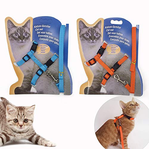 2 Pack Cat Harness and Leash | Adjustable Halter Harness with Nylon Strap, Safety Rope Leads for Kittens | Orange & Light Blue Color Set, Comfortable Escape-Proof Design