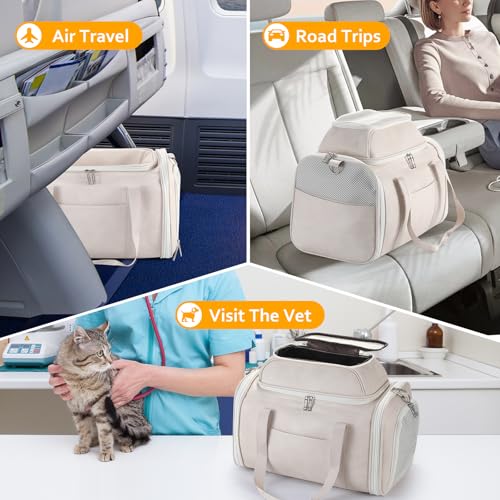 Premium Leather Top Expandable Pet Carrier for Small Dogs & Cats Under 15 lbs, Airline Approved Collapsible Soft-Sided Luxury Travel Bag Beige - color: Beige