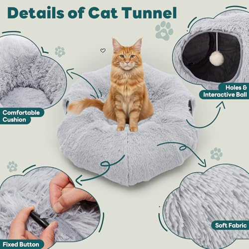 DUMOS Cat Tunnel Bed for Indoor Cats, Cave Donut Play Tunnel, Grey | Soft Plush Peekaboo, Washable Circle Cushion, Multifunctional Playground Under Tree Toys for Kittens, Puppy, Rabbit, Ferret - color: Gray