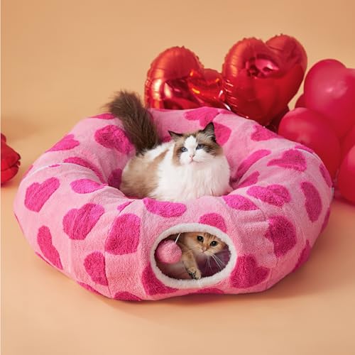Lesure Donut Cute Jacquard Cat Tunnel Bed Kitten Toys for Puppy Bunny | 33.5x33.5x10in,Round Cat Bed Tube for Indoor Cats Rabbit Dog,Pet Peekaboo Cave Toy,Spiral Hideaway,Washable Cushion - color: A Lover Hearts, size: Standard (33.5"L x 33.5"W x 10"H)