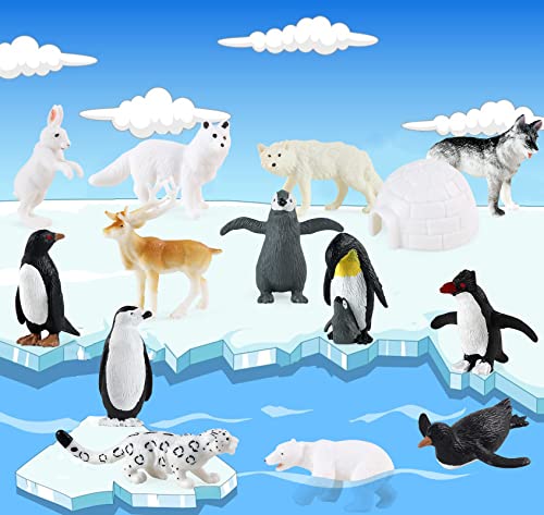 RCOMG Arctic Animals Figures, 14pcs Mini Polar Animal Figurines, Plastic Arctic Animal Toys Set with Arctic Fox Wolf Reindeer Penguins Toys