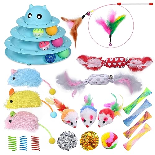 UPSKY 24 PCS Cat Toys Set with Teaser, Mice, Spring, and Various Ball Toys | Puzzle Kitten Toys, Sturdy Structure, Detachable Design, Easy to Assemble, Anti-Slip, Reduces Boredom for Indoor Cats - color: D-24PCS-Blue