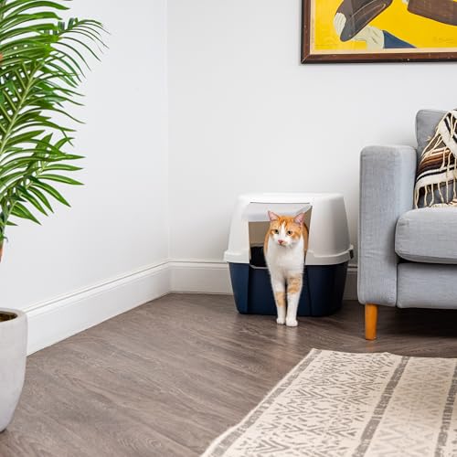 IRIS USA Large Front Door Cat Litter Box, Walk-in Entry, Navy | Nervous Cats, Private Enclosure Design, Covered Walk-Through, Flip Door Access, Privacy Hood, Contained Environment - color: Navy, style: Jumbo Enclosed