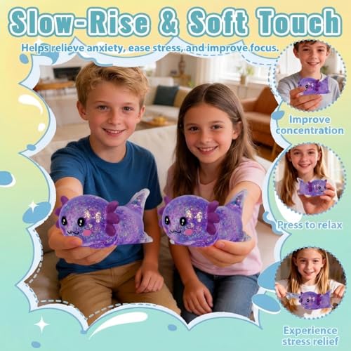 3.94 in Purple Glitter Crawling Axolotl Squishy Slow Rising | Soft TPR, Floating Glitter, squeeze toy, busy hands, stress relief, focus support, home, class, travel, kids and adults - color: Purple